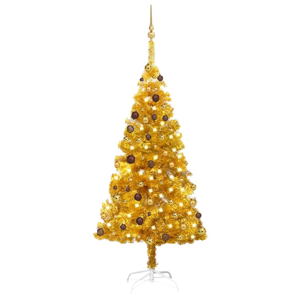 Kunstkerstboom met LED's en kerstballen 180 cm PET goudkleurig