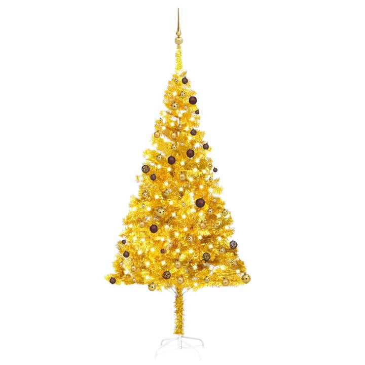 Kunstkerstboom met LED's en kerstballen 240 cm PET goudkleurig