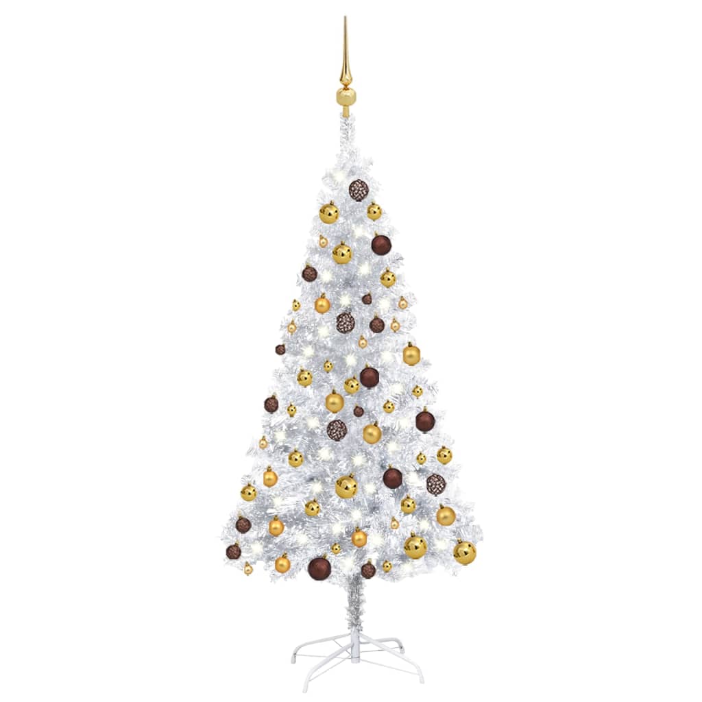 Kunstkerstboom met LED's en kerstballen 150 cm PET zilverkleur