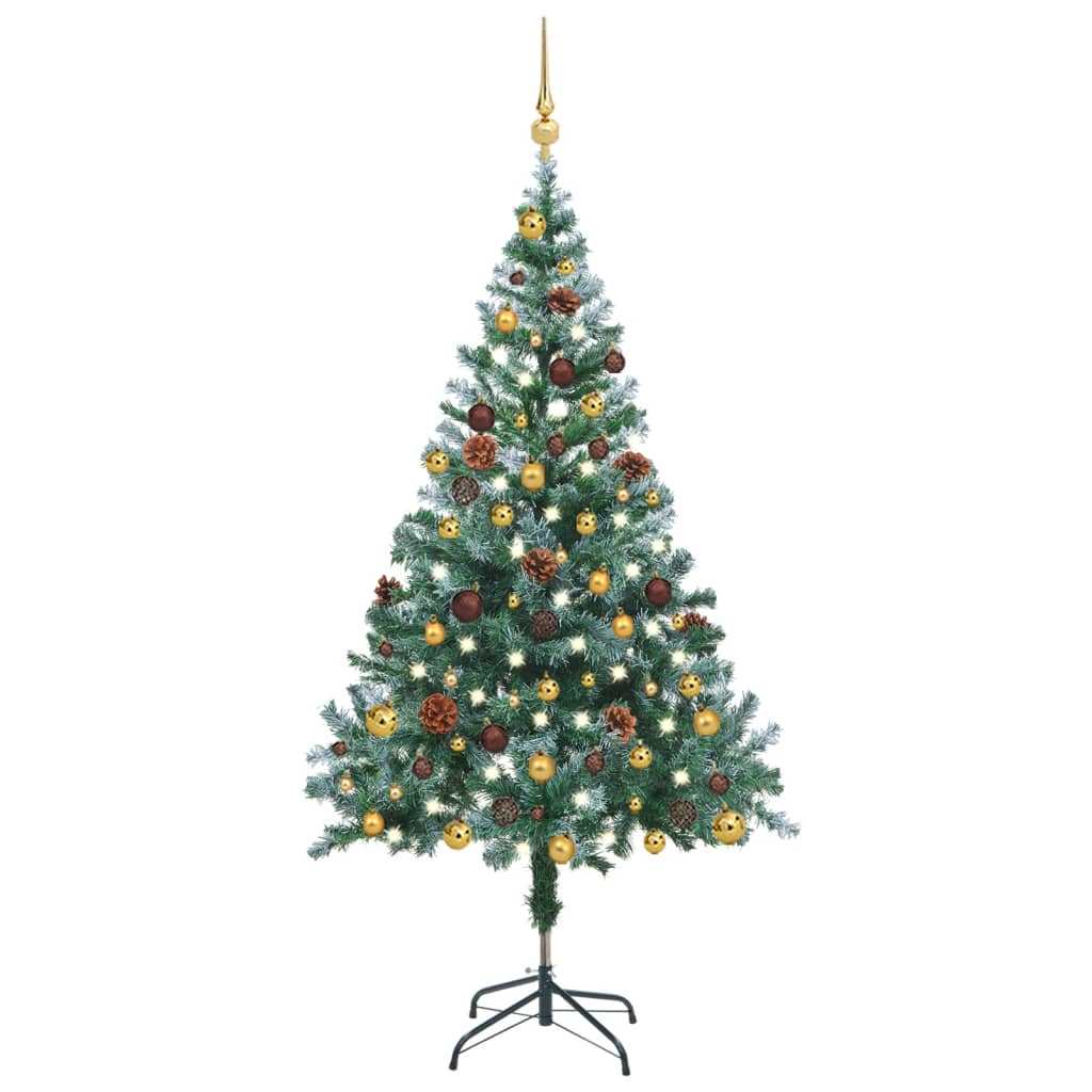 Kerstboom met LED's en kerstballen en dennenappels sneeuw 150cm