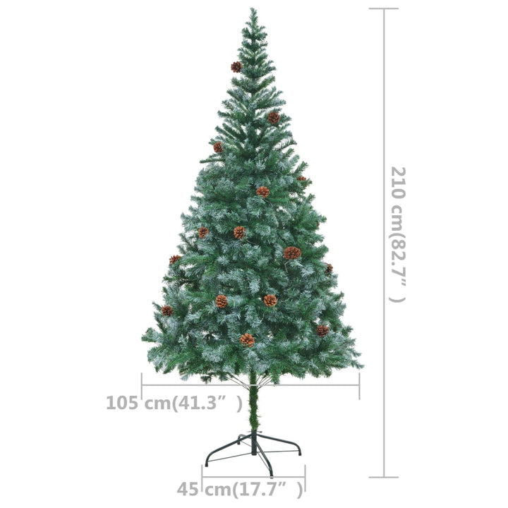 Kunstkerstboom met LED's en kerstballen en dennenappels 210 cm