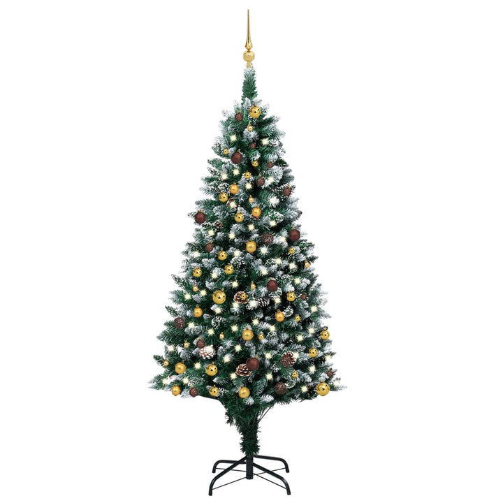 Kunstkerstboom met LED's en kerstballen en dennenappels 210 cm