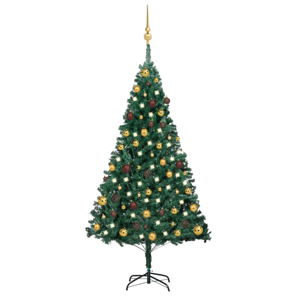 Kunstkerstboom met LED's en kerstballen 150 cm PVC groen