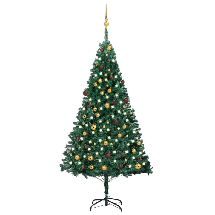 Kunstkerstboom met LED's en kerstballen 210 cm PVC groen