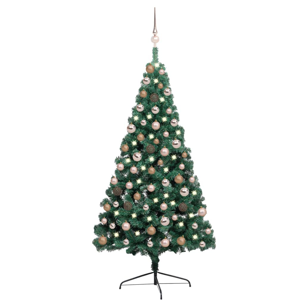 Kunstkerstboom met LED's en kerstballen half 150 cm groen