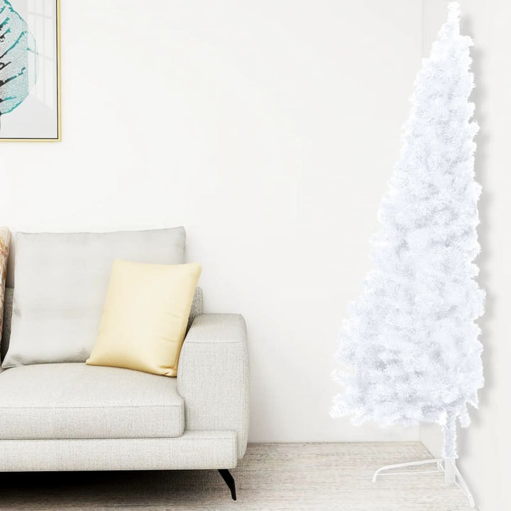 Kunstkerstboom half met LED's en kerstballen 210 cm wit