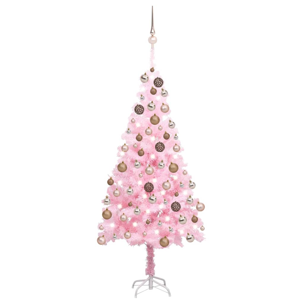 Kunstkerstboom met LED's en kerstballen 180 cm PVC roze