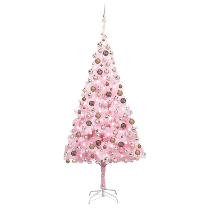 Kunstkerstboom met LED's en kerstballen 210 cm PVC roze