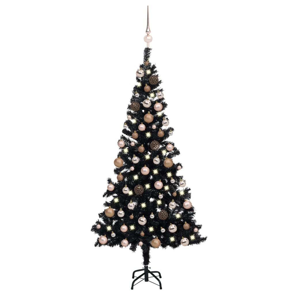Kunstkerstboom met LED's en kerstballen 120 cm PVC zwart
