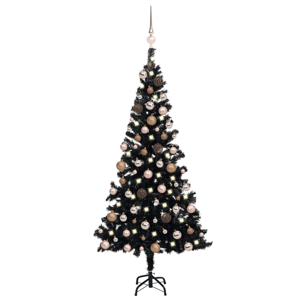 Kunstkerstboom met LED's en kerstballen 180 cm PVC zwart