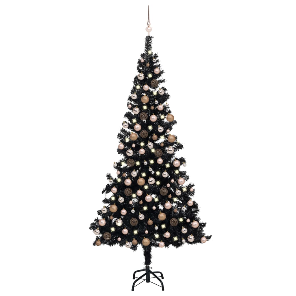 Kunstkerstboom met LED's en kerstballen 210 cm PVC zwart
