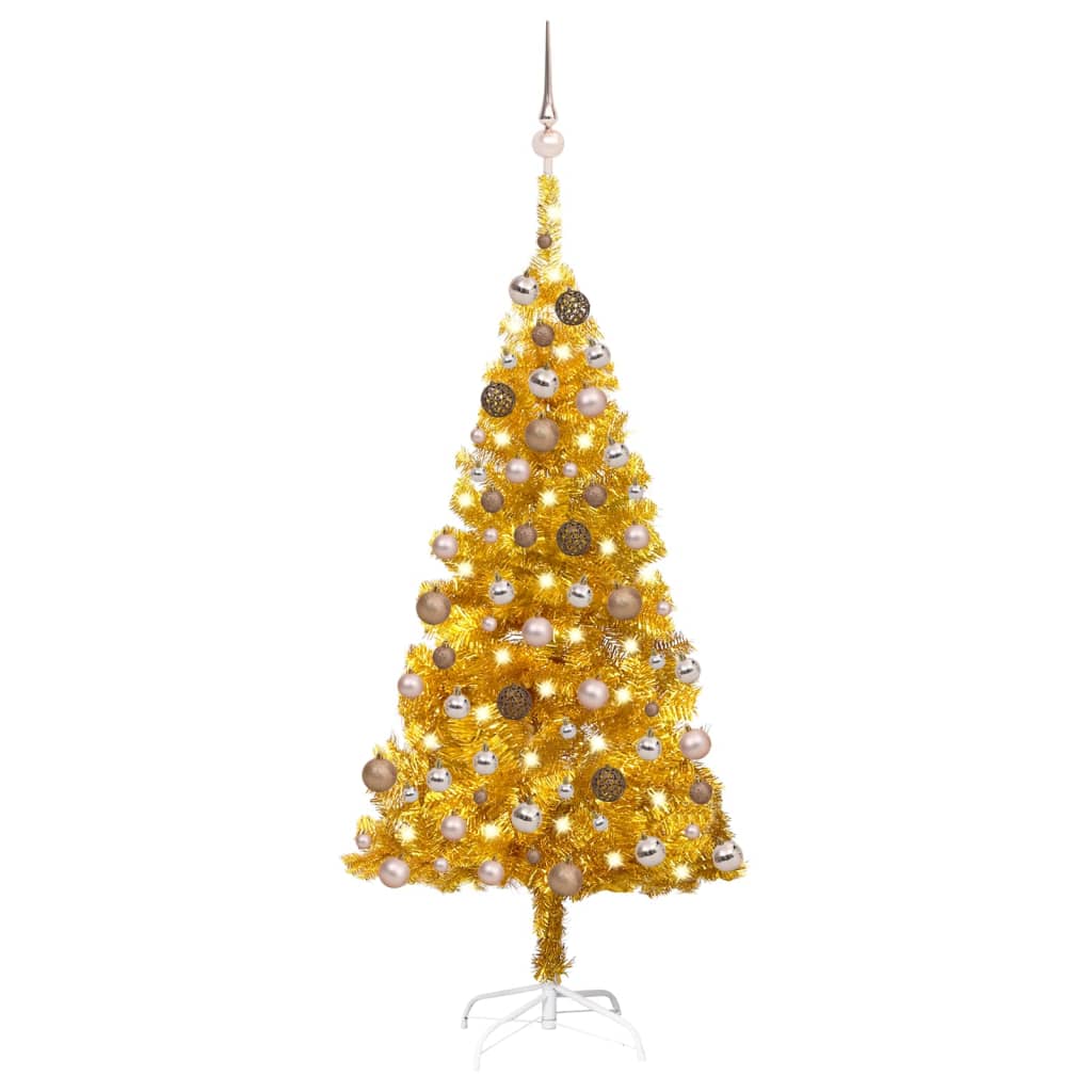 Kunstkerstboom met LED's en kerstballen 150 cm PET goudkleurig