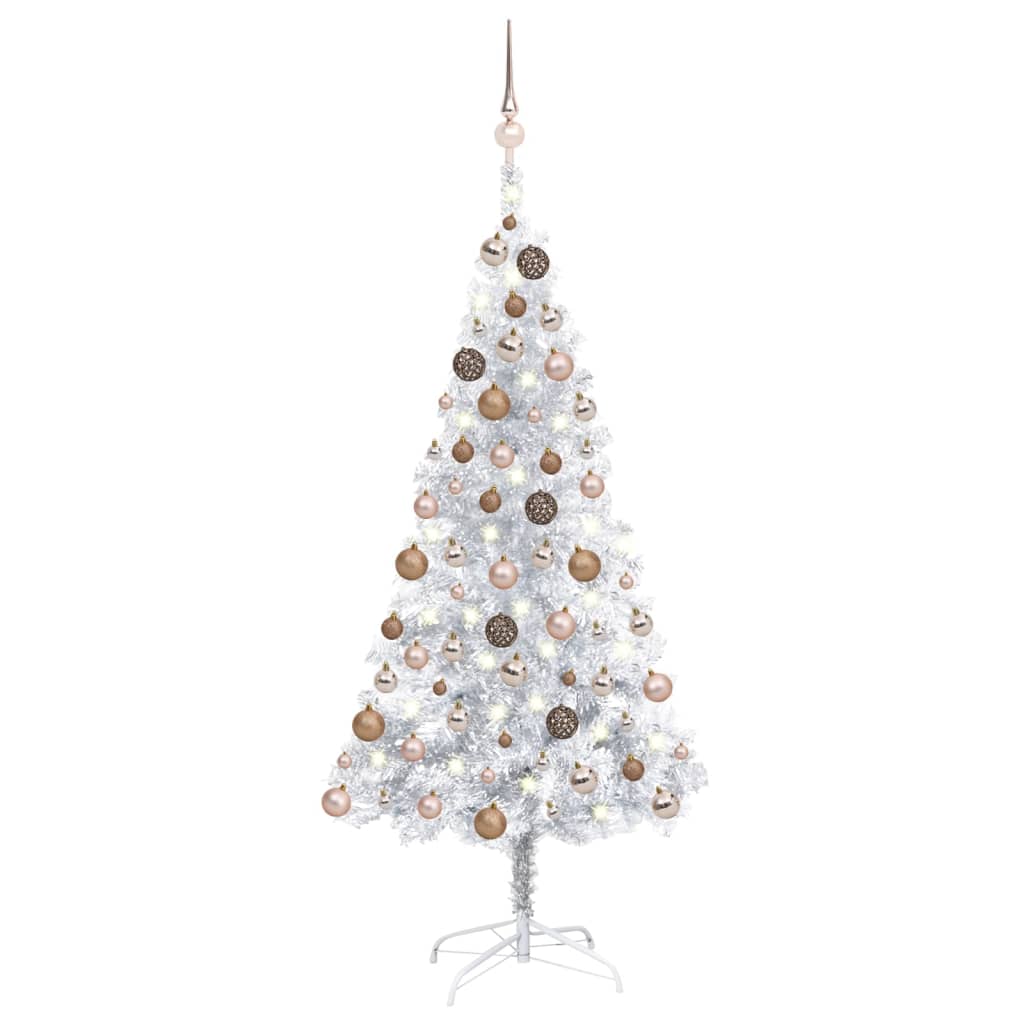 Kunstkerstboom met LED's en kerstballen 150 cm PET zilverkleur