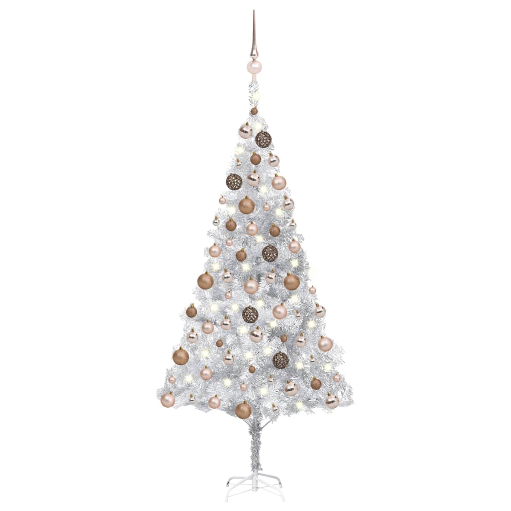 Kunstkerstboom met LED's en kerstballen 180 cm PET zilverkleur