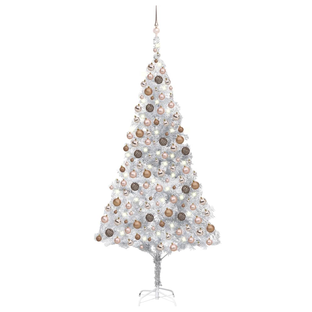 Kunstkerstboom met LED's en kerstballen 240 cm PET zilverkleur