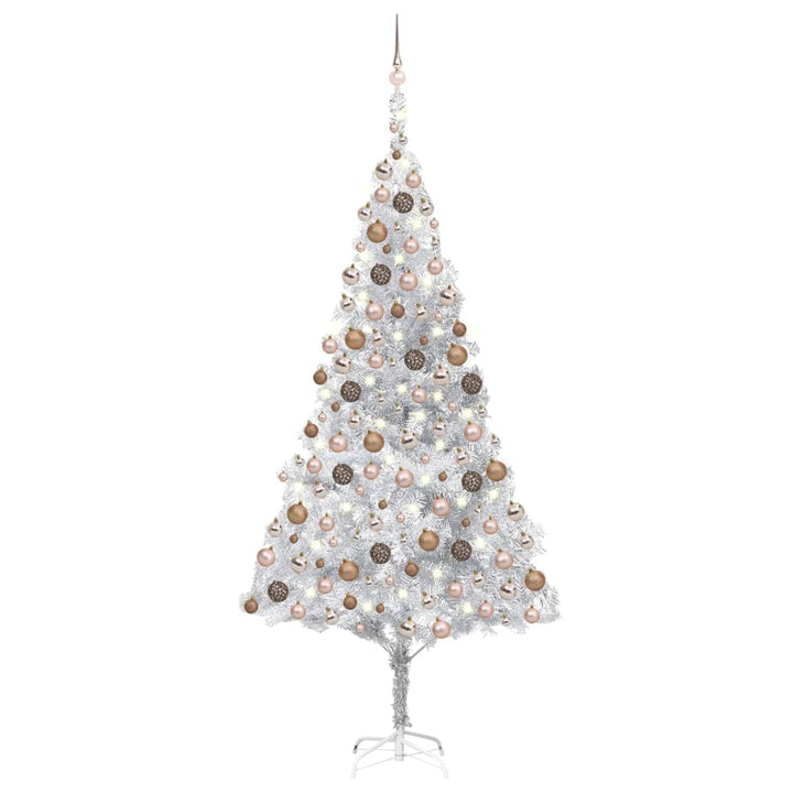 Kunstkerstboom met LED's en kerstballen 240 cm PET zilverkleur