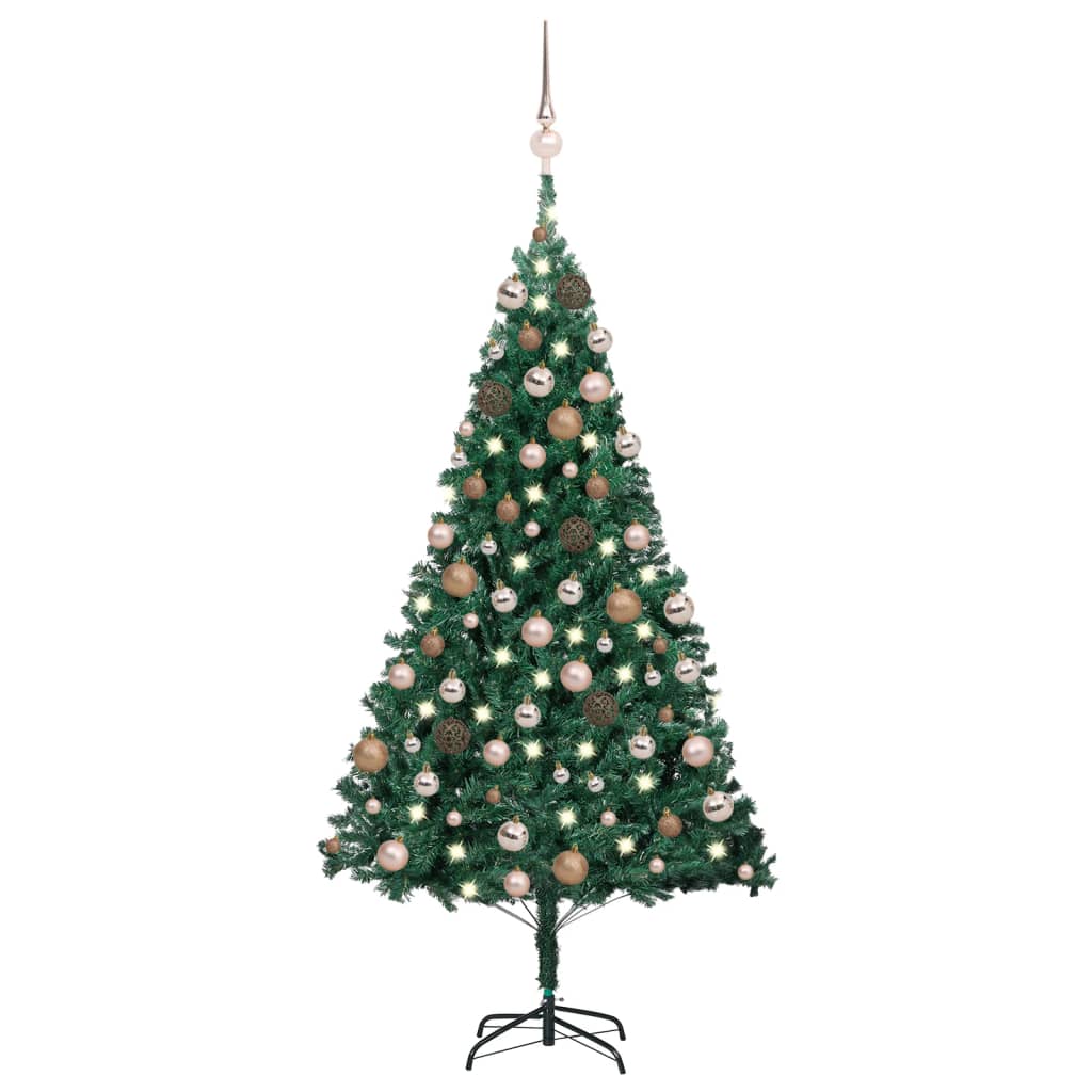 Kunstkerstboom met LED's en kerstballen 150 cm PVC groen