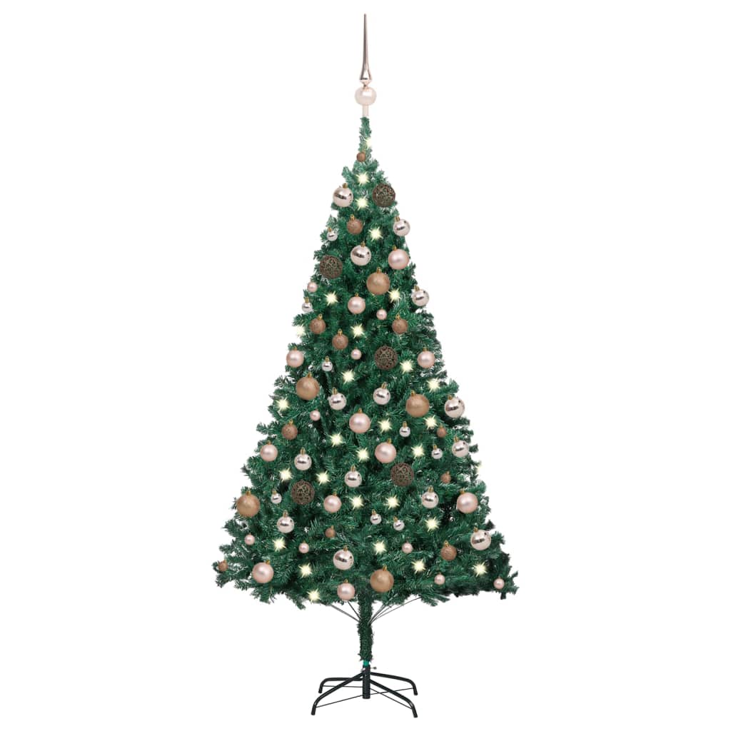 Kunstkerstboom met LED's en kerstballen 180 cm PVC groen