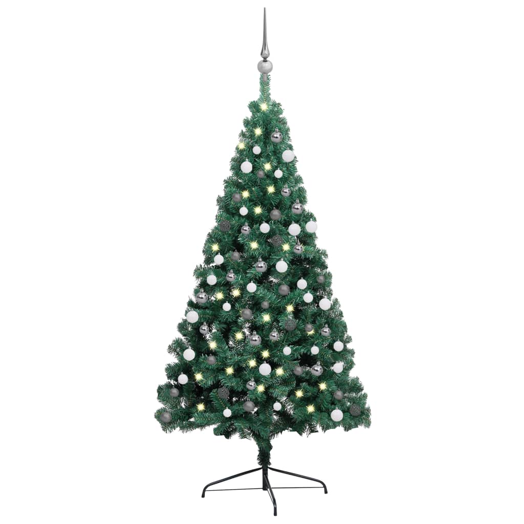 Kunstkerstboom met LED's en kerstballen half 210 cm groen