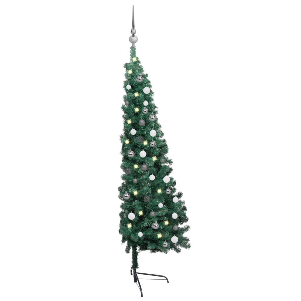 Kunstkerstboom met LED's en kerstballen half 210 cm groen