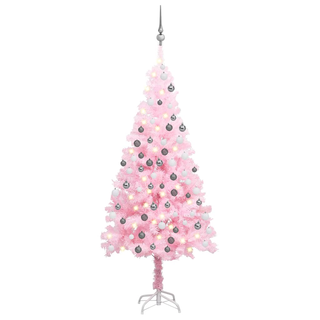 Kunstkerstboom met LED's en kerstballen 150 cm PVC roze