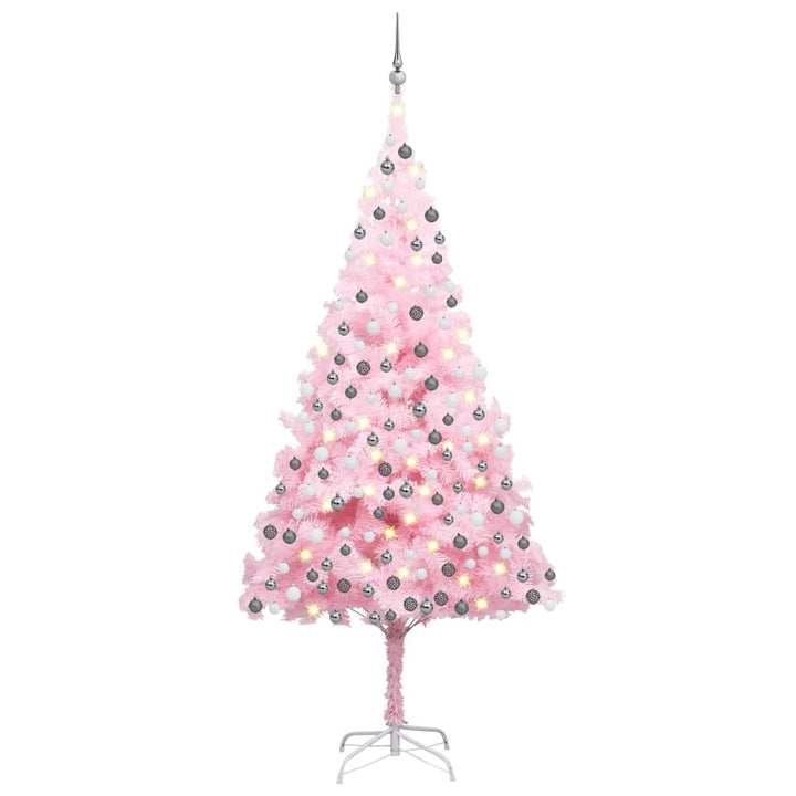 Kunstkerstboom met LED's en kerstballen 210 cm PVC roze