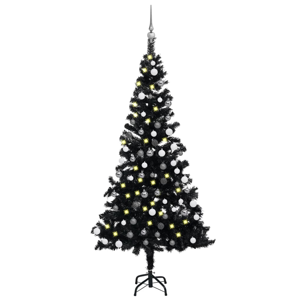 Kunstkerstboom met LED's en kerstballen 150 cm PVC zwart