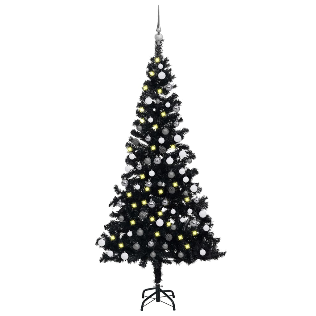 Kunstkerstboom met LED's en kerstballen 180 cm PVC zwart