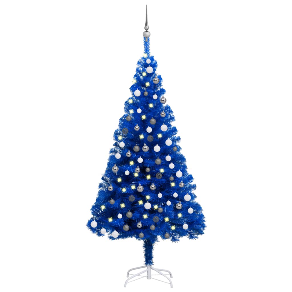 Kunstkerstboom met LED's en kerstballen 150 cm PVC blauw