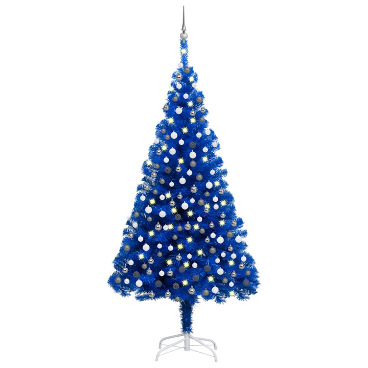 Kunstkerstboom met LED's en kerstballen 210 cm PVC blauw