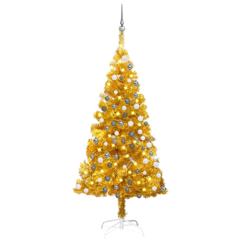 Kunstkerstboom met LED's en kerstballen 120 cm PET goudkleurig