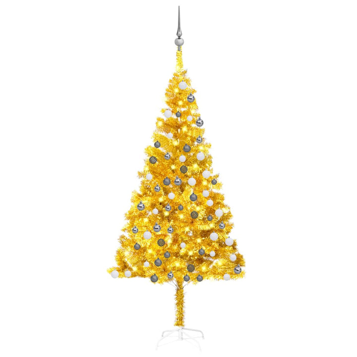 Kunstkerstboom met LED's en kerstballen 180 cm PET goudkleurig