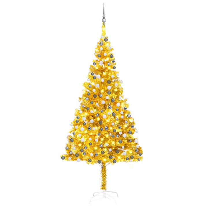 Kunstkerstboom met LED's en kerstballen 210 cm PET goudkleurig