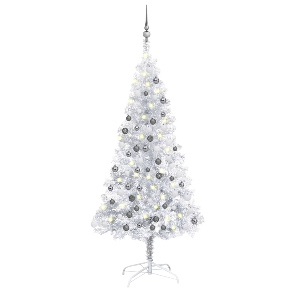 Kunstkerstboom met LED's en kerstballen 150 cm PET zilverkleur