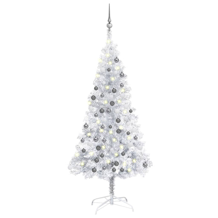 Kunstkerstboom met LED's en kerstballen 150 cm PET zilverkleur