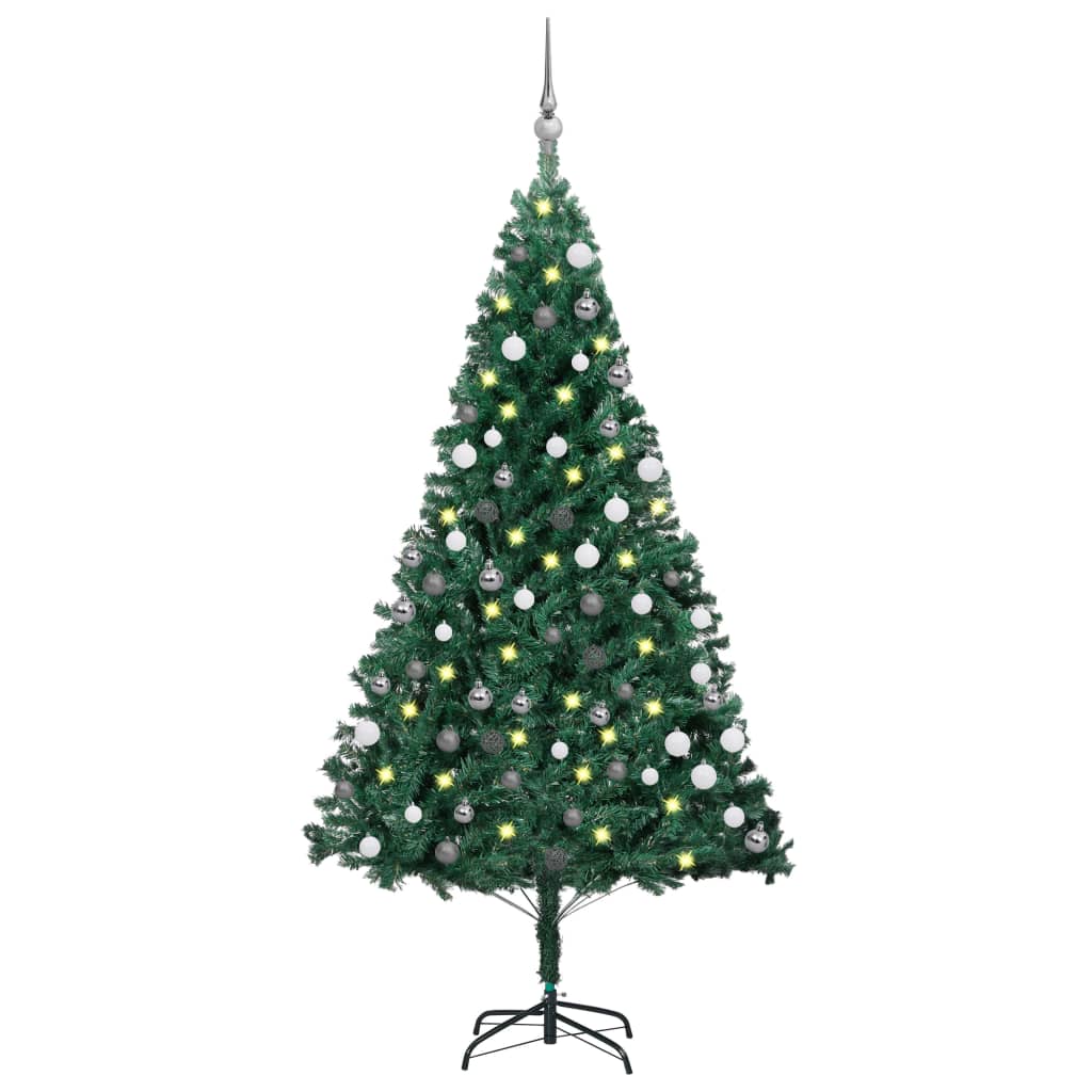 Kunstkerstboom met LED's en kerstballen 120 cm PVC groen