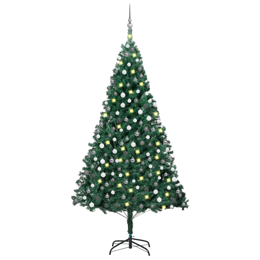 Kunstkerstboom met LED's en kerstballen 210 cm PVC groen