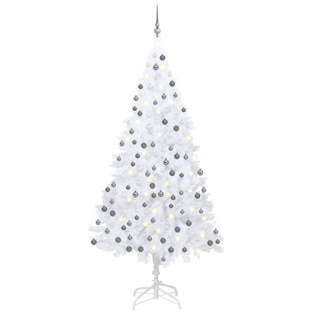 Kunstkerstboom met LED's en kerstballen 210 cm PVC wit