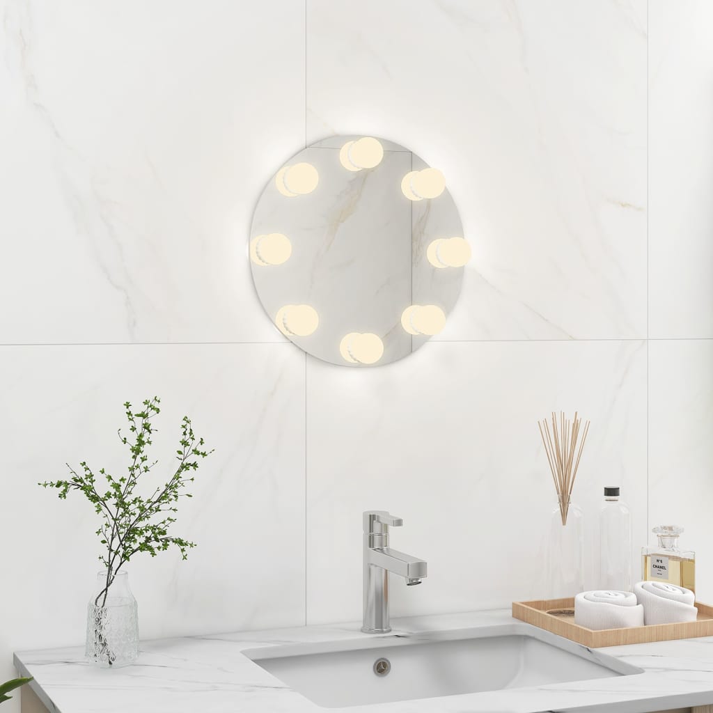 Wandspiegel zonder lijst met LED-lampen rond glas