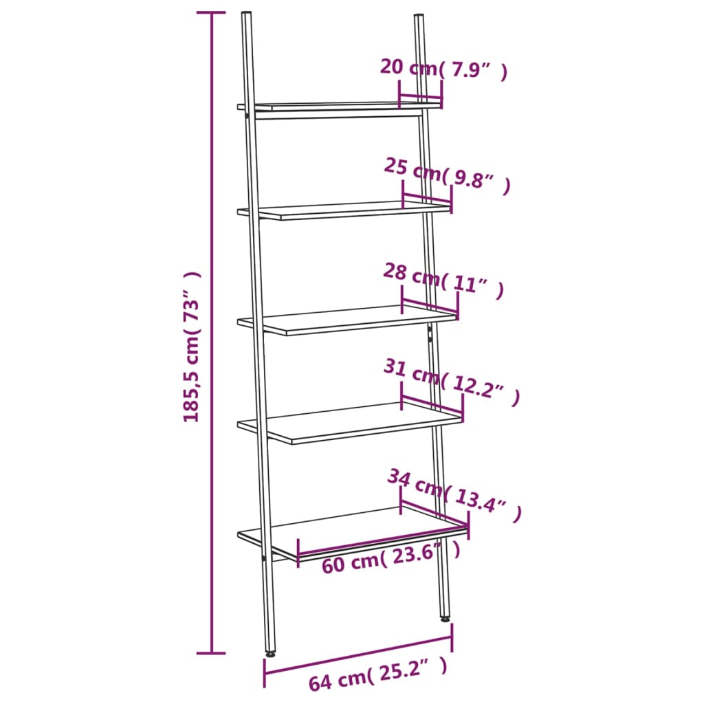 Ladderrek met 5 schappen 64x34x185,5 cm donkerbruin en zwart