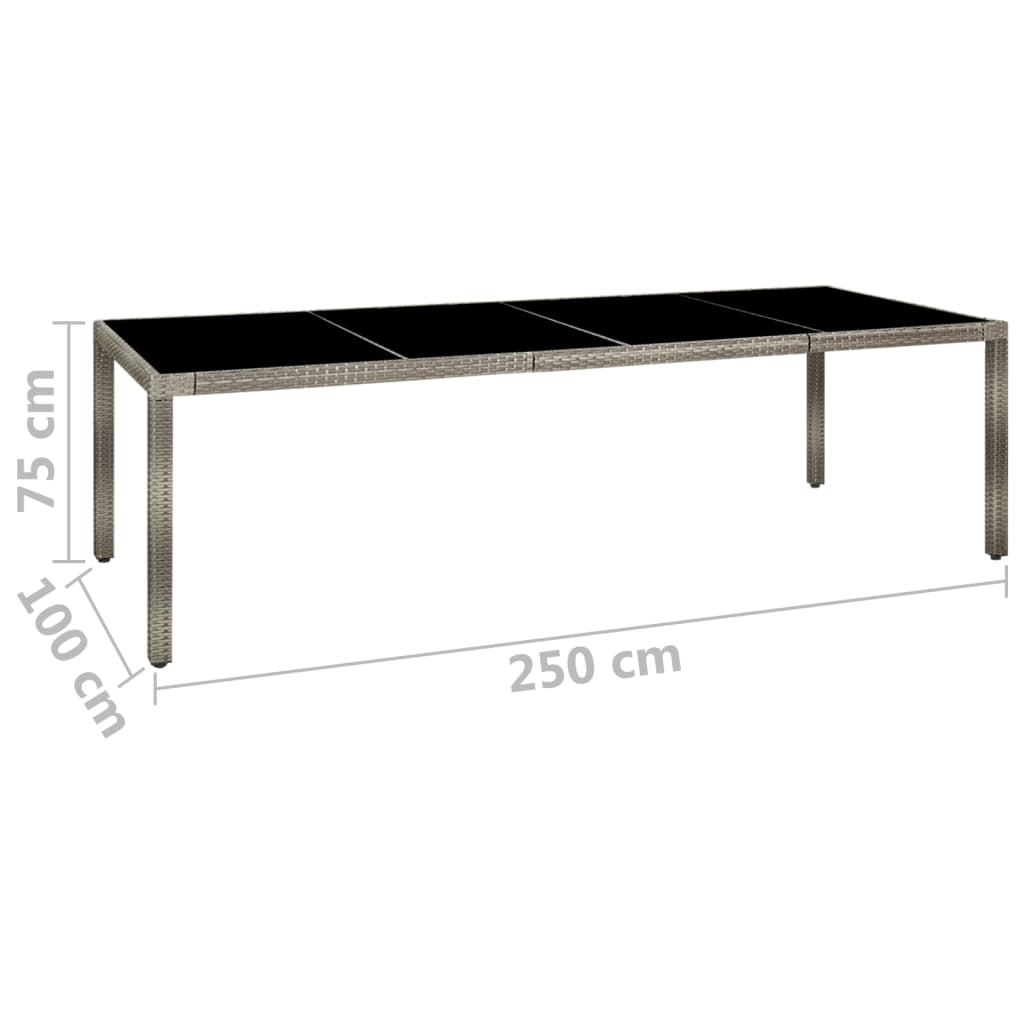 Tuintafel 250x100x75 cm gehard glas en poly rattan grijs