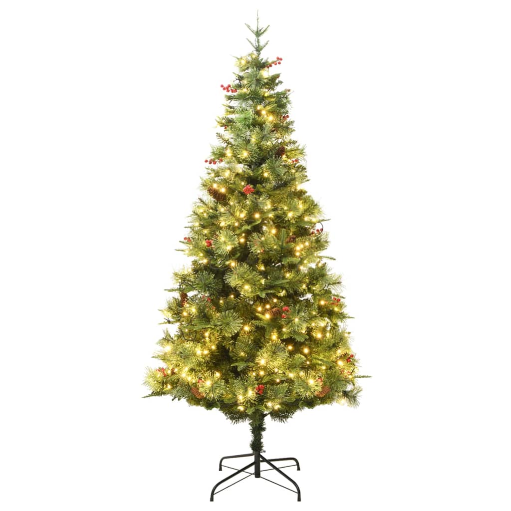 Kerstboom met LED's en dennenappels 225 cm PVC en PE groen