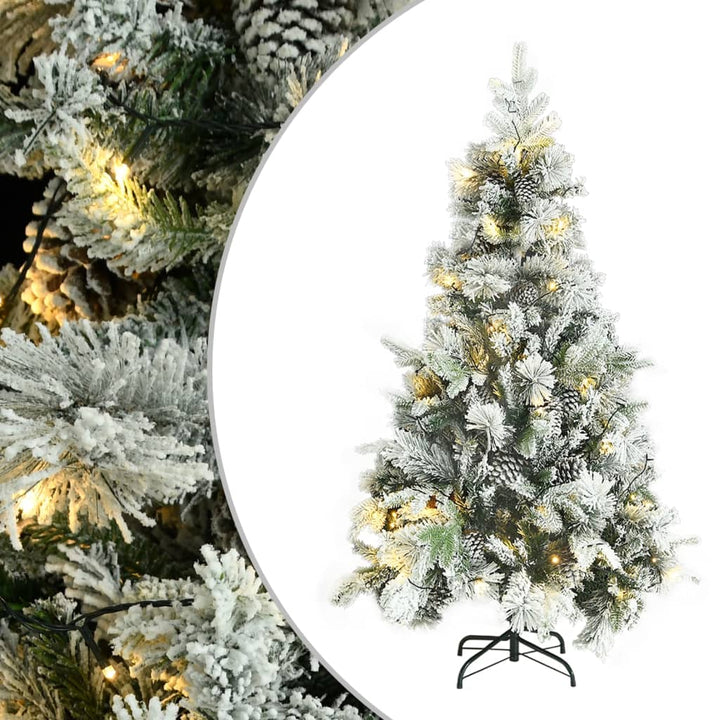 Kerstboom met LED's, dennenappels en sneeuw 195 cm PVC en PE