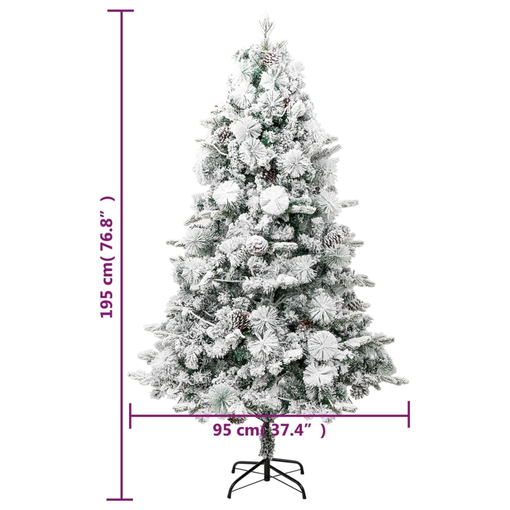 Kerstboom met LED's, dennenappels en sneeuw 195 cm PVC en PE