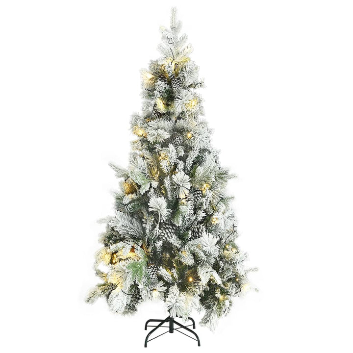 Kerstboom met LED's, dennenappels en sneeuw 225 cm PVC en PE