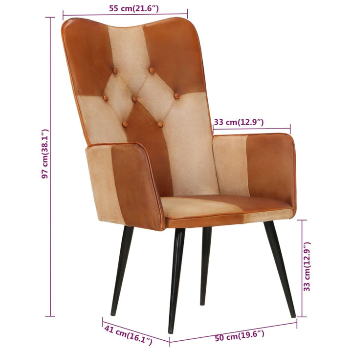 Fauteuil echt leer bruin en crèmekleurig