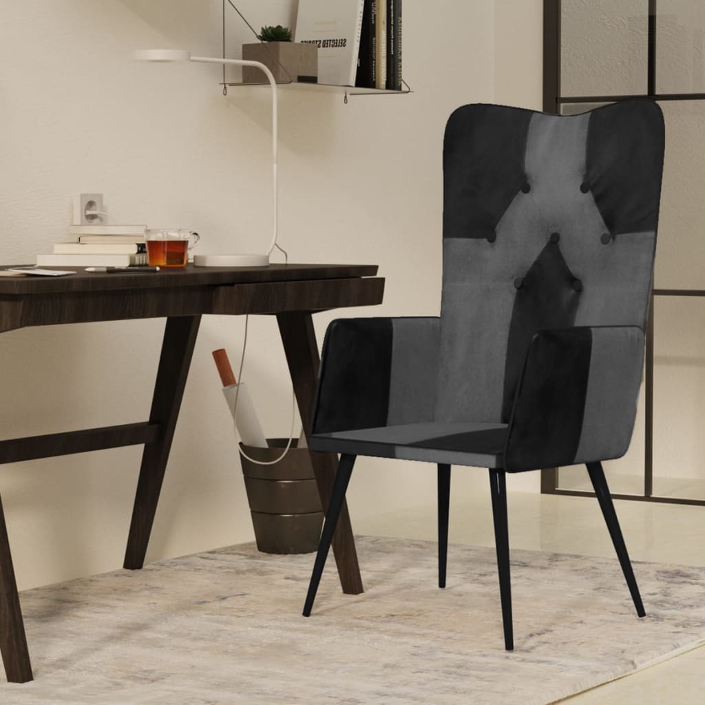 Fauteuil echt leer zwart en grijs