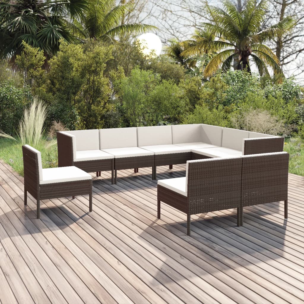 9-delige Loungeset met kussens poly rattan bruin