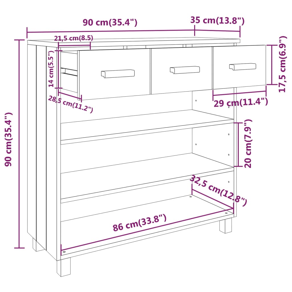 Wandtafel 90x35x90 cm massief grenenhout honingbruin