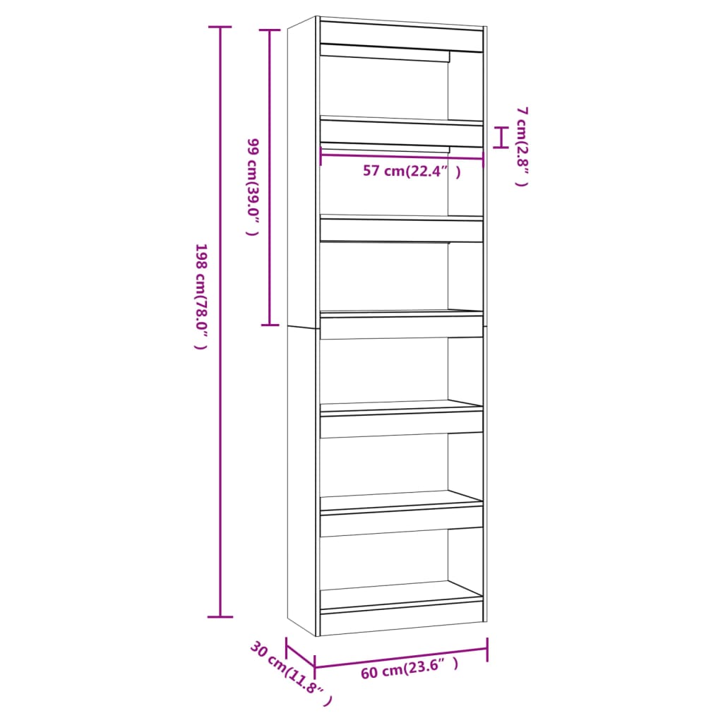 Boekenkast/kamerscherm 60x30x198 cm hoogglans wit